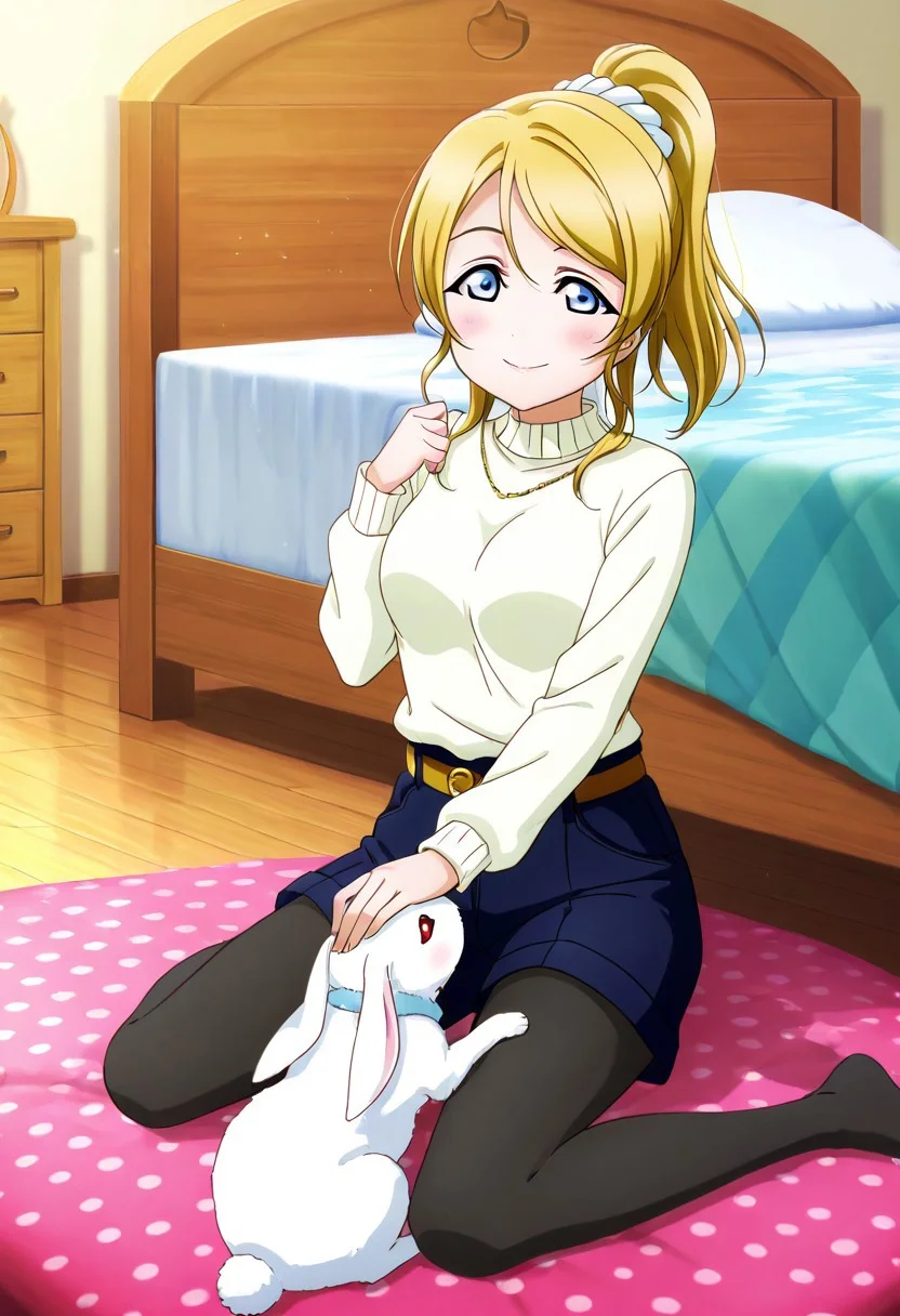 1girl, absurdres, animal, ayase_eli, bed, bedroom, belt, blanket, blonde_hair, blue_eyes, blush, chest_of_drawers, cushion, highres, indoors, long_hair, long_sleeves, looking_down, love_live!, love_live!_school_idol_festival_all_stars, love_live!_school_idol_project, no_shoes, official_art, on_floor, pantyhose, petting, pillow, polka_dot_blanket, ponytail, rabbit, scrunchie, shorts, sitting, smile, solo, sweater, wooden_floor, yokozuwari