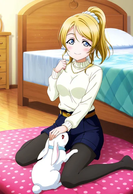 1girl, absurdres, animal, ayase_eli, bed, bedroom, belt, blanket, blonde_hair, blue_eyes, blush, chest_of_drawers, cushion, highres, indoors, long_hair, long_sleeves, looking_down, love_live!, love_live!_school_idol_festival_all_stars, love_live!_school_idol_project, no_shoes, official_art, on_floor, pantyhose, petting, pillow, polka_dot_blanket, ponytail, rabbit, scrunchie, shorts, sitting, smile, solo, sweater, wooden_floor, yokozuwari