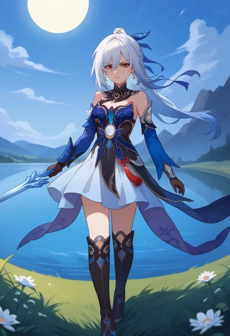 score_9, score_8_up, score_7_up, source_anime, 1girl, jingliudef, red eyes, white hair, long hair, high ponytail, earrings, jewelry, medium breasts, bare shoulders, detached sleeves, blue sleeves, blue dress, cleavage, black gloves, white skirt, black footwear, boots, serious, standing, holding weapon, holding sword, looking at viewer, outdoors, lake, grass, sun, upper body, <lora:Jingliu_v1-000010:1>