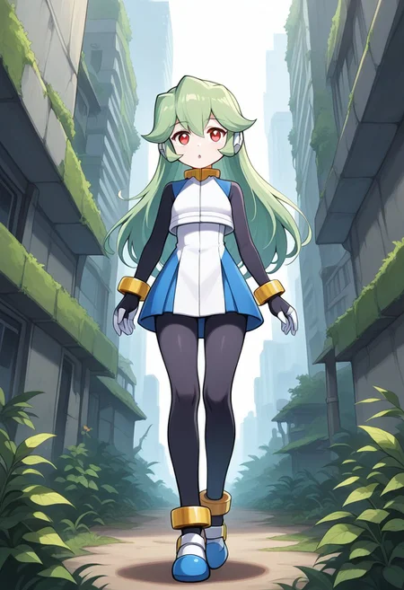 1girl, solo, pandorazxa, reploidform, green hair, long hair, red eyes, robot ears, crop top, dress, sleeveless, bodysuit, bracelet, anklets, shoes, outdoors, city ruins, overgrown plants, walking, parted lips, :o