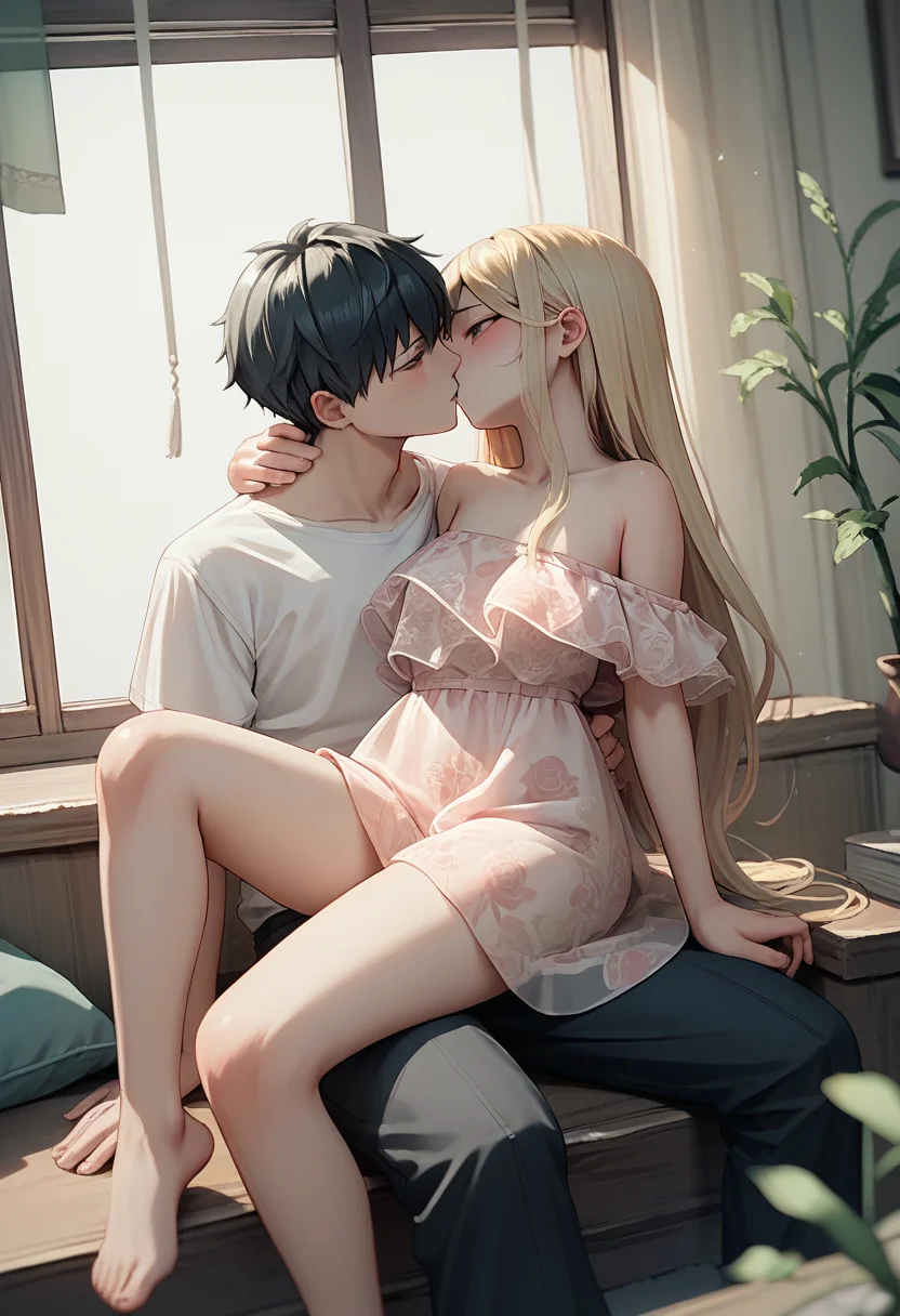 score_9, score_8_up, score_7_up, score_6_up, source_anime, 1girl, long hair, blonde hair,
off shoulder, floral dress, see-through, short dress,
reverse upright straddle, 1boy, black hair, looking at another, leg lift, after kiss, pantyshot,
<lora:floral_offshoulder_dress_v1.1-pony:1>
<lora:reverse_upright_straddle_v0.2-pony:0.6>