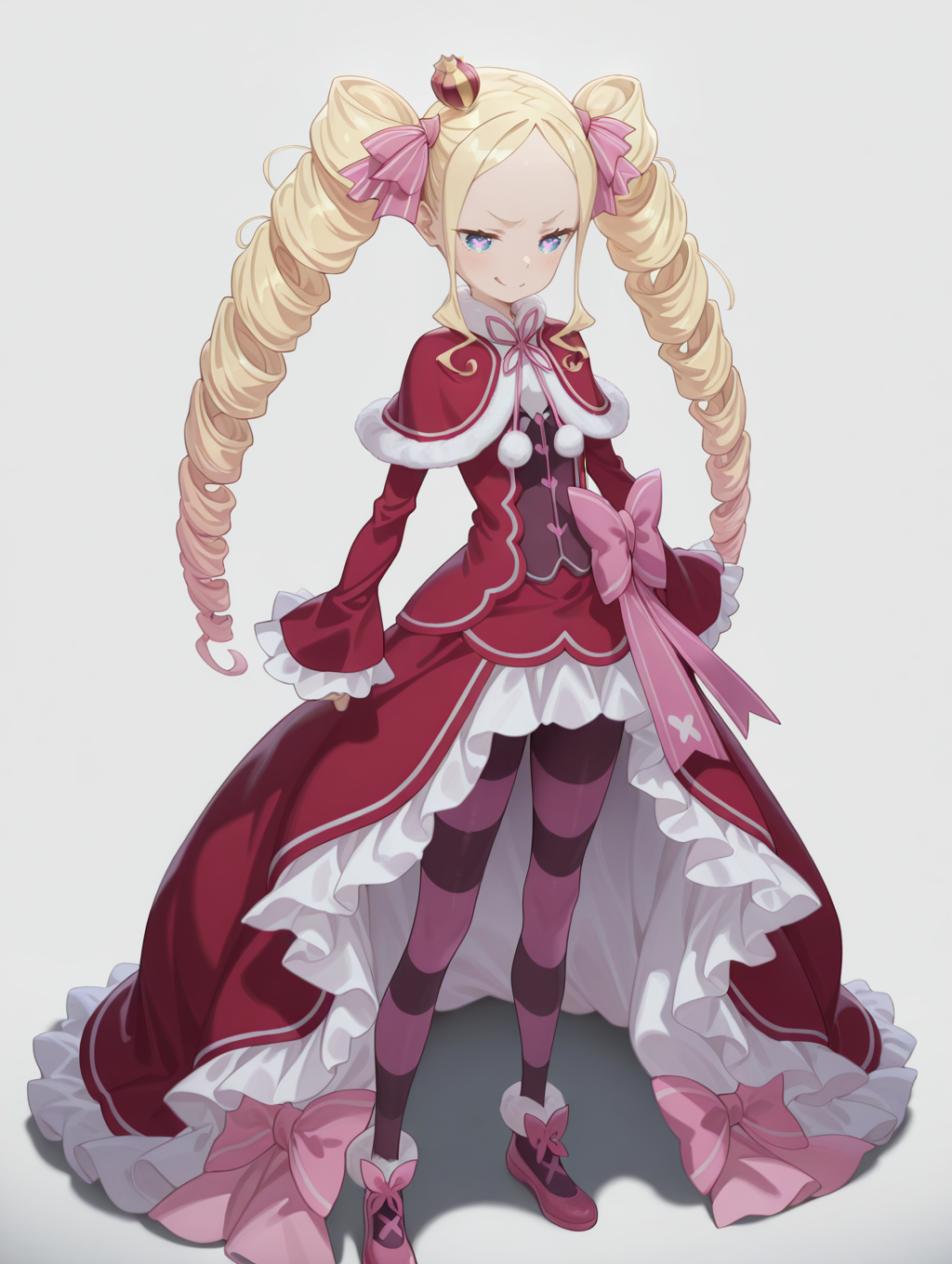 perfect quality,high quality,masterpiece,best quality,amazing quality,very aesthetic,absurdres,Cinematic Lighting,newest,Tactical use of shadow,
front view,full_shot,Smirk,
BeatriceCYQL,1girl,solo,blonde hair,drill hair,long hair,twintails,twin drills,sidelocks,ribbon,hair ribbon,blue eyes,symbol-shaped pupils,crown,mini crown,dress,capelet,red capelet,fur-trimmed capelet,fur trim,pantyhose,striped pantyhose,striped,long sleeves,frills,frilled sleeves,red dress,frilled dress,shoes,pink footwear,bow,wide sleeves,
full body,standing,shading_eyes,,
gray  background,simple background,
qxys,<lora:spo_sdxl_10ep_4k-data_lora_webui:0.7>,<lora:illustrious_all_rated_v1:0.7>,<lora:laser_light_clothes_v0.5-pony:0.4>,<lora:HG2512 by CYQL:0.9>,HG2512,<lora:BeatriceCYQL:1>,