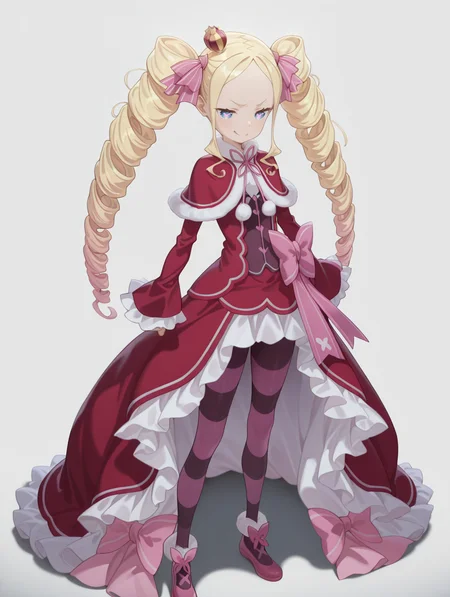 perfect quality,high quality,masterpiece,best quality,amazing quality,very aesthetic,absurdres,Cinematic Lighting,newest,Tactical use of shadow,
front view,full_shot,Smirk,
BeatriceCYQL,1girl,solo,blonde hair,drill hair,long hair,twintails,twin drills,sidelocks,ribbon,hair ribbon,blue eyes,symbol-shaped pupils,crown,mini crown,dress,capelet,red capelet,fur-trimmed capelet,fur trim,pantyhose,striped pantyhose,striped,long sleeves,frills,frilled sleeves,red dress,frilled dress,shoes,pink footwear,bow,wide sleeves,
full body,standing,shading_eyes,,
gray  background,simple background,
qxys,<lora:spo_sdxl_10ep_4k-data_lora_webui:0.7>,<lora:illustrious_all_rated_v1:0.7>,<lora:laser_light_clothes_v0.5-pony:0.4>,<lora:HG2512 by CYQL:0.9>,HG2512,<lora:BeatriceCYQL:1>,