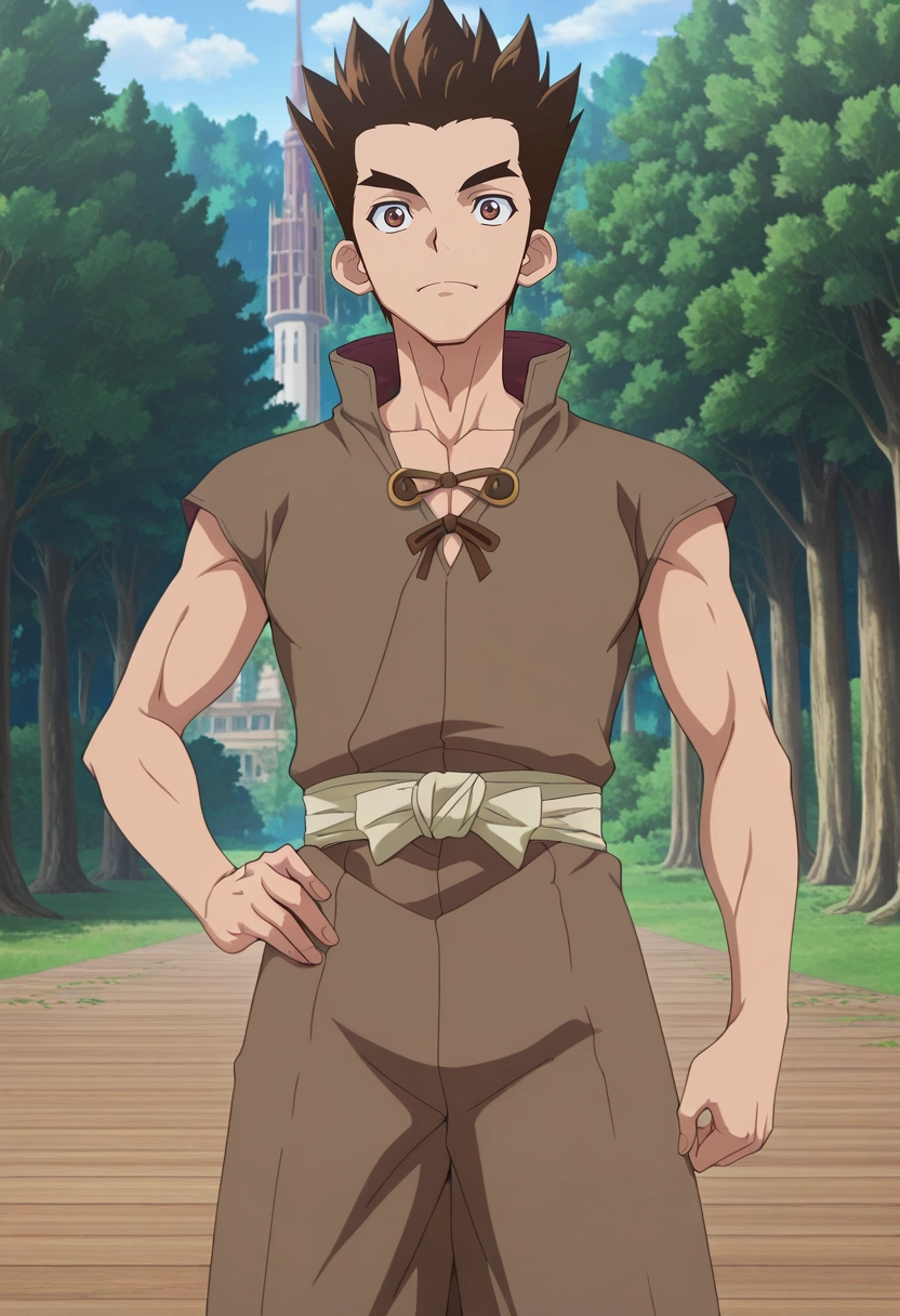 masterpiece, best quality, intricate details, anime screencap, anime coloring, official style, , 1boy, solo, male focus, <lora:taiju_ooki_ilxl:0.94>, taiju_ooki, brown hair, brown eyes, short hair, spiked hair, forest palace, tree towers, leaf halls, wooden courts, royal pose, majestic expression, morning,