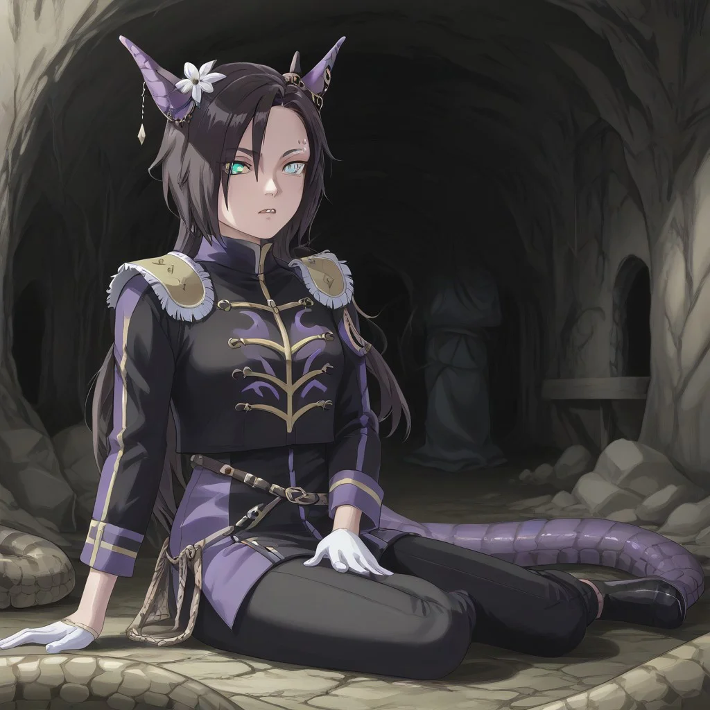 Naruto_Manda, (hybrid snake human), female, purple religious tunic, sleeves, hood, scaly skin, (scales:2), green eyes, reptile eyes, inside cave, human bones on floor, jewelry, holding human skull, airshakurprime, low wings, horse tail, sharp teeth, horse ears, ear ornament, single ear cover, horns, heterochromia, purple eyes, yellow eyes, black jacket, epaulettes, aiguillette, long sleeves, white gloves, black pants, eyebrow piercing, ear piercing