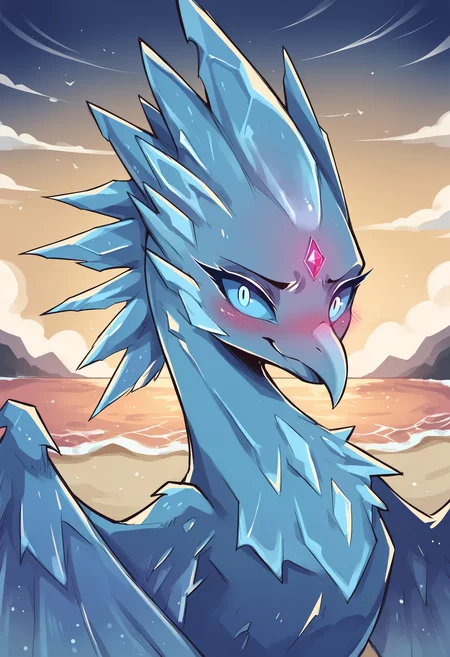 score_9, score_8_up, score_7_up, score_6_up, score_5_up, score_4_up, 1girl, <lora:Anivia:0.85> solo, no humans, bird, colored skin, blue skin, ice, wings, feral, smile, looking at viewer, upper body, forehead gem, blue eyes, colored sclera, blue sclera, glowing eyes, blush, embarrassed,
beach, ocean,