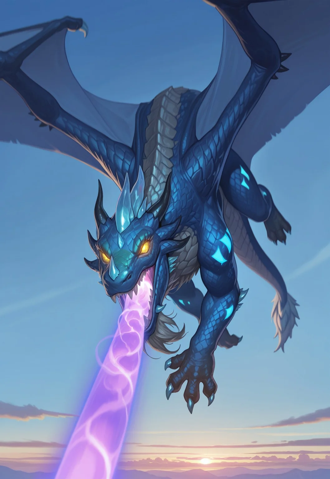 masterpiece, best quality, amazing quality,malygos, dragon, glowing, open mouth, flying, yellow eyes, glowing eyes, sky, tail, cloud, wings out of frame, glowing markings, mouth beam