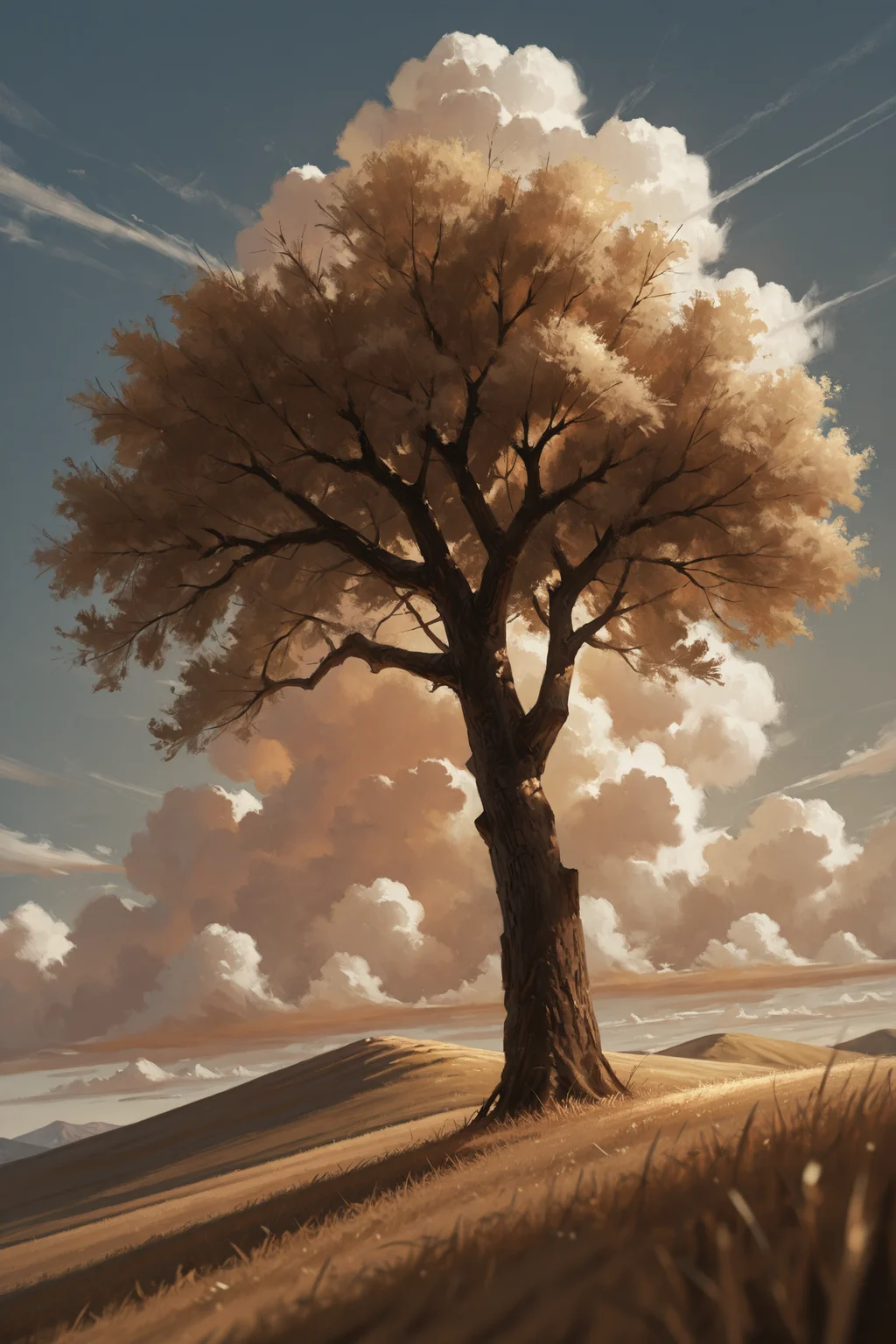 A majestic tree stands alone on a rolling hill, its branches stretching towards a dramatic sky filled with towering cumulonimbus clouds. The sun casts a long shadow behind the tree, emphasizing its solitary presence. The hill is covered in golden-brown grass, and the sky is a deep blue, with the clouds adding a sense of drama and power. The scene is serene and untouched, with no signs of human presence. masterwork, masterpiece, best quality, detailed, depth of field, , high detail, best quality, very aesthetic, 8k, dynamic pose, depth of field, dynamic angle, adult, aged up
