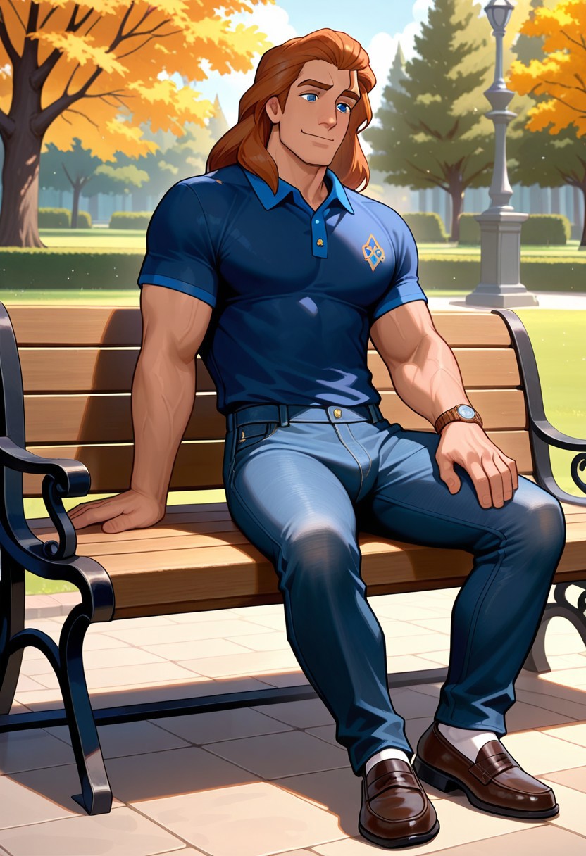 masterpiece,best quality,amazing quality,very aesthetic,absurdres,newest, huge filesize, Prince_Adam_BTB, 1man male focus, solo, auburn hair, blue eyes, lean and athletic, mature,  long hair, strong, long legs, tall, manly, masculine, classy, artistic, relaxed look, small smile, park, sitting on a park bench, Polo shirt,  loafers, dark denim jeans, wristwatch