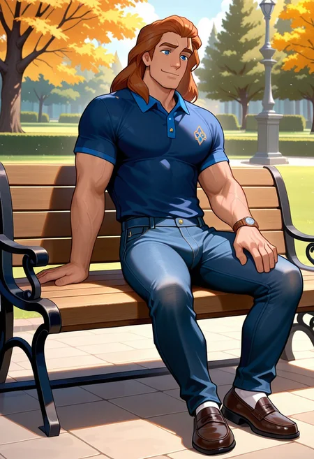 masterpiece,best quality,amazing quality,very aesthetic,absurdres,newest, huge filesize, Prince_Adam_BTB, 1man male focus, solo, auburn hair, blue eyes, lean and athletic, mature, long hair, strong, long legs, tall, manly, masculine, classy, artistic, relaxed look, small smile, park, sitting on a park bench, Polo shirt, loafers, dark denim jeans, wristwatch