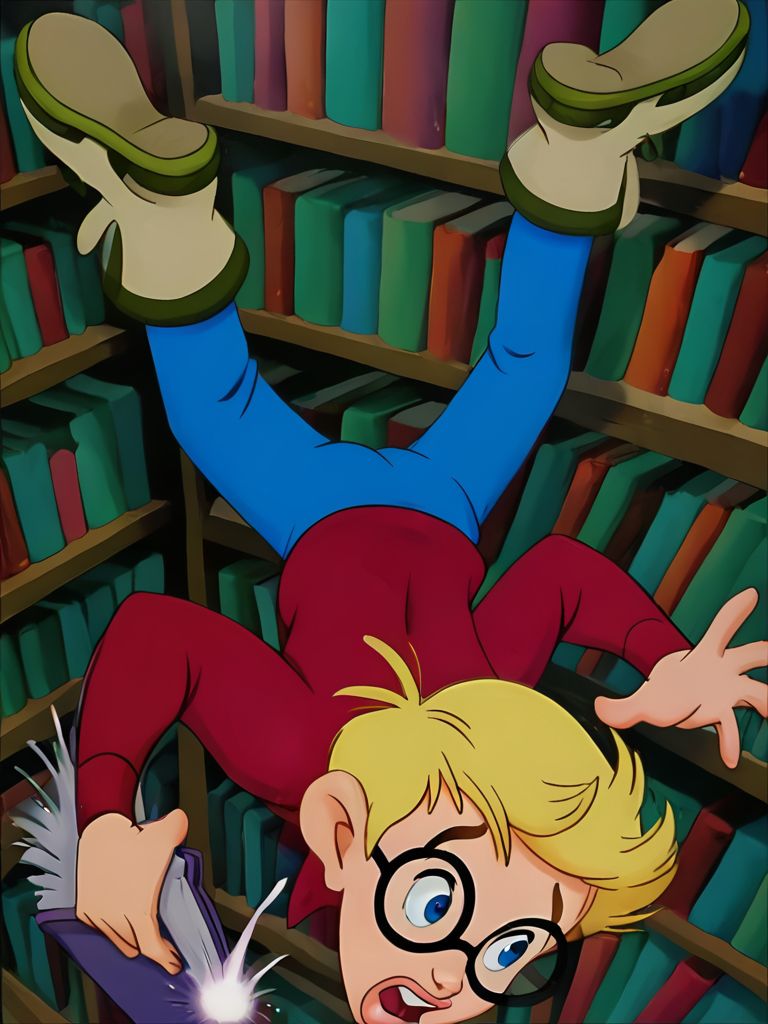 score_9, score_8, score_9, BREAK, solo, open mouth, blue eyes, blonde hair, 1boy, male focus, boots, glasses, pants, book, bookshelf, falling, library <lora:Richard_Tyler_From_Pagemaster_Pony:0.9>