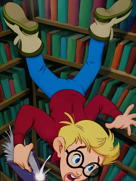 score_9, score_8, score_9, BREAK, solo, open mouth, blue eyes, blonde hair, 1boy, male focus, boots, glasses, pants, book, bookshelf, falling, library <lora:Richard_Tyler_From_Pagemaster_Pony:0.9>