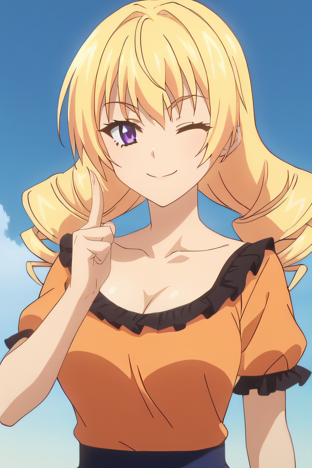 score_9, score_8_up, score_7_up, source_anime, rating_safe, intricate details, official style, anime screencap, 1girl, solo, <lora:PONY_Matsuzaki_Riko:1>, riko, blonde hair, purple eyes, hair over shoulders, drill hair, twin drills, large breasts, orange shirt, frilled shirt, black frills, collarbone, looking at viewer, smile, indoor, upper body, one eye closed, index finger raised, hand up