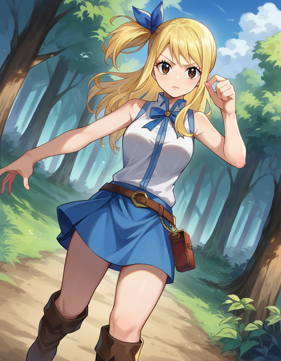 score_9, score_8_up, score_7_up, source_anime,
lucyheartfilia, <lora:lucy-heartfilia-ponyxl-lora-nochekaiser:1>,
lucy heartfilia, blonde hair, brown eyes, one side up, ribbon, hair ribbon, blue ribbon, long hair,
skirt, shirt, bare shoulders, boots, sleeveless, blue skirt, sleeveless shirt, white shirt, zipper,
outdoors, forest, nature,
looking at viewer, cowboy shot, dutch angle, dynamic pose,