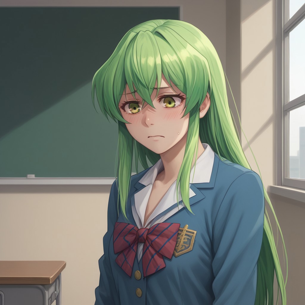 score_8, score_9, break, solo, youko_shiragami, green hair, long hair, school uniform