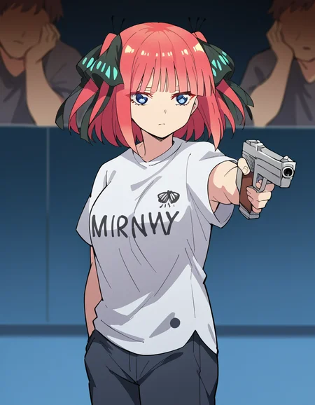 score_9, score_8_up, score_7_up, source_anime, <lora:nnakano-s2-ponyxl-lora-nochekaiser:1>, short hair, bangs, blue eyes, hair ornament, hair ribbon, pink hair, blunt bangs, two side up, butterfly hair ornament, large breasts,, <lora:yusuf-dikec-ponyxl-lora-nochekaiser:1> yusuf dikec, yusuf dikec (meme), meme, hand in pocket, handgun, holding gun, gun, shirt, t-shirt, pants, audience,, , cowboy shot,
