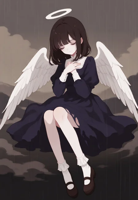 solo, ethereal, portrait, detailed, contemplative,
sky, rain,
closed eyes, hands on own chest, fluttering clothes, fluttering hair, meek,
girl1, angel, very pale, brown medium hair, blue eyes, dark purple dress, torn dress, brown shoes, white socks, mary_jane shoes,
(748cmstyle:1.3)
masterpiece,best quality,amazing quality, detailed,