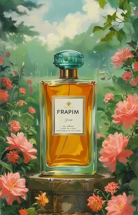 masterpiece,best quality,<lora:tbh210-sdxl:0.9>,illustration,style of Art Frahm, A bottle of perfume in garden