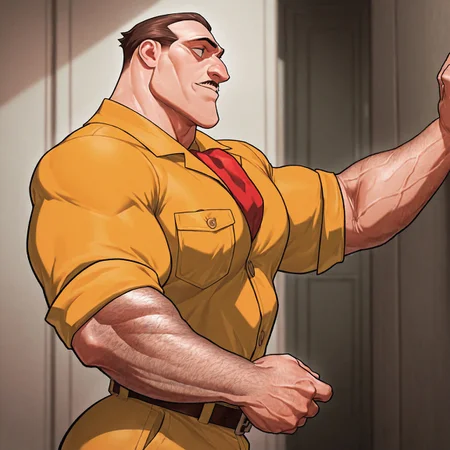 masterpiece, best quality, absurdres, newest, perfect quality, best quality, absolutely eye-catching, detailed background, intricate details, 1boy, male, male focus, solo, mature, brown hair, short hair, slicked back, moustache, small moustache, yellow shirt, red tie, collared shirt, pocket, belt, yellow pants, bara, muscular, large pectorals, large biceps, hairy arms, side view, looking away, very awa, best quality, absurdres, newest, perfect quality, detailed background, intricate details, (artist:rokudenashi:0.8), (artist:dizdoodz:0.7), (artist:gomtang:0.6)