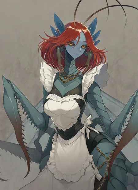 artist:, masterpiece, best quality, newest, very awa, absurdres, highres, mnts, 1girl, blue skin, blue carapace, French Braid with  Chain hair, red hair, black schelra, gentle smile, clothed, maid outfit, beautiful background, detailed, <lora:SDXL\Illustrous\Concept\Mantis_girl_concept:1.0>
