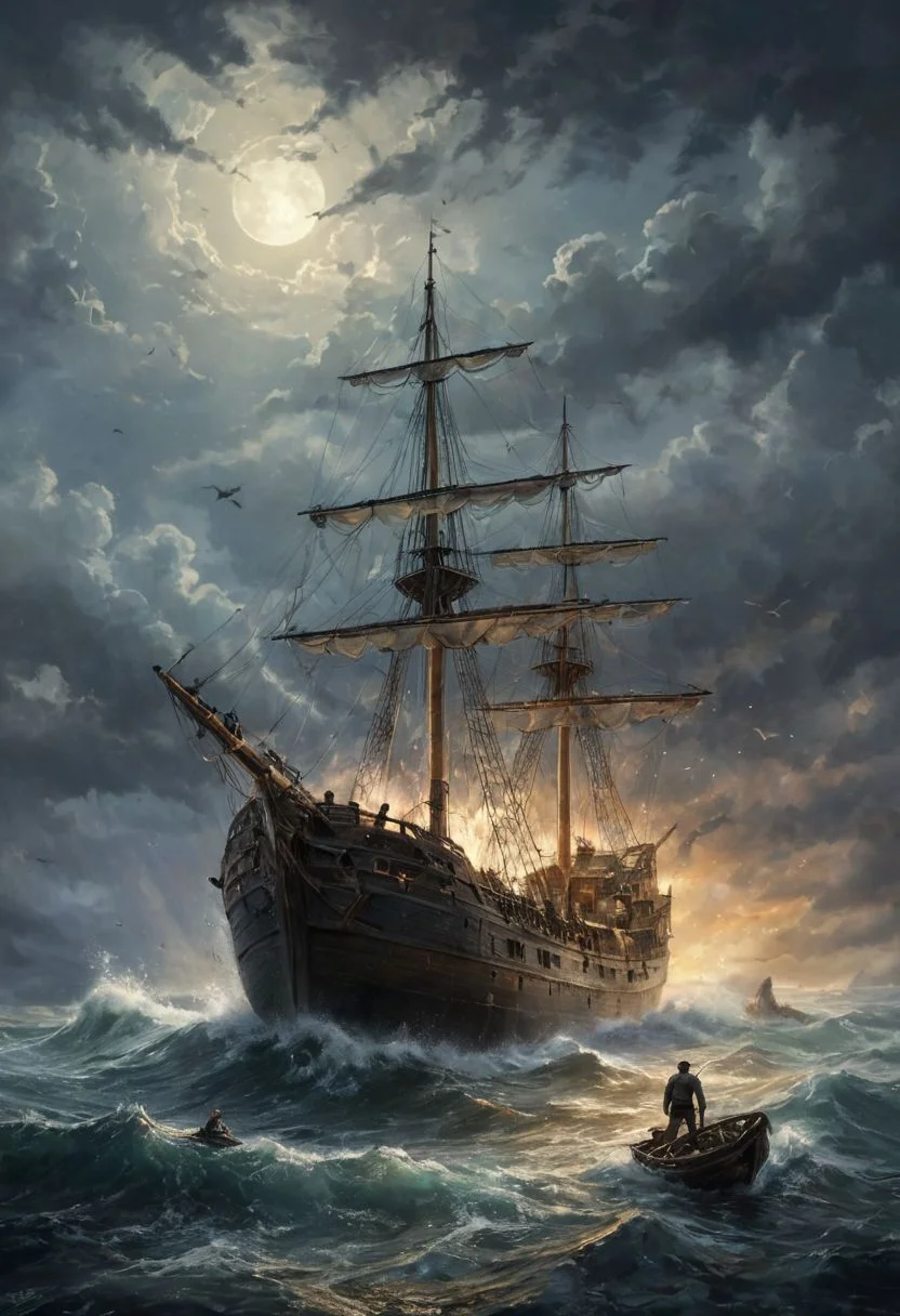 The image presents a dark and ominous nightscape. On a storming sea, a big wooden ship is pulled up a tremendous and foaming wave. The ship has torn sails and the masts are bending on a side. men on the ship. men in the water. the moonlight passes through the heavy clouds and the torn sails. The moonlight casts eerie sparkles across the foaming sea. The sea is scattered with a few barrel and wooden boards near the ship. In the foreground, a man in the water holds firmly a wooden board and look towards the ship. a shark fin crosses a wave along the right side. The overall atmosphere is heavy with suspense, as if something sinister lurks in the darkness. A low mist rolls across the horizon. This scene evokes a feeling of isolation and danger. storm, rain.
romantic impressionism, dream scenery art, beautiful oil matte painting, romantic, style of thomas kinkade, beautiful digital painting, anime landscape, romantic painting, thomas kinkade style painting, dreamlike digital painting, colorful painting, beautiful gorgeous digital art, style thomas kinkade
