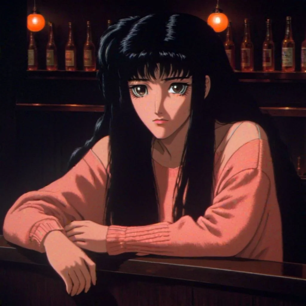 woman in peach oversized sweater, long black hair, detailed eyes, sitting at dark japanese bar, 1980's, bottles, warm wcity 1girl chiaroscuro atmospheric