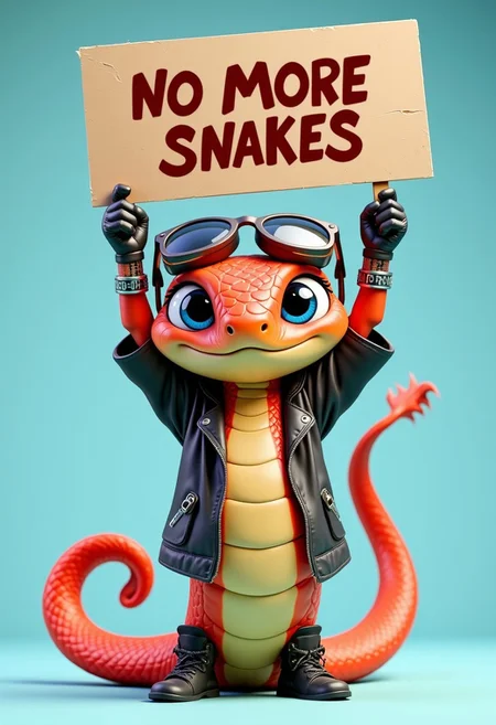 An angry anthropomorphic 3D rendering of a cute snake wearing punk rock gear holding up a protest sign that says "NO MORE SNAKES"