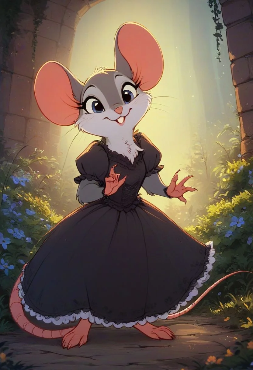 score_9, score_8_up, score_8, solo, (fluffy:0.8), (feral), furry, (((mouse))), female, claws, (fluffy cheeks:0.7), (dress), (solo:2), j_cartoon, cute