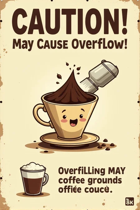 "Visualize a vintage safety sign featuring a cartoon coffee filter overflowing with coffee grounds, resembling a tiny volcano erupting. A surprised cartoon face is peeking out from behind a nearby sugar dispenser. The sign reads in bold, slightly shaky brown lettering on a cream background: 'CAUTION! Overfilling May Cause Overflow!' Below, a simple illustration shows the correct level of coffee grounds in a filter. The cartoon style should be slightly whimsical and cautionary, like an illustration from an old pamphlet. Include small details like drips of coffee around the overflowing filter. 8k resolution, vintage whimsical cartoon style, warning against a common mistake in coffee brewing that could lead to spills."  <lora:REMEs_War_Poster_Style:0.95> In REME's War Poster Style,âââ