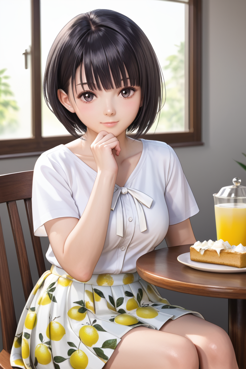 Shirai Hinako, lemon print skirt,casual outfit, 1girl, solo, looking at viewer, short hair, bangs, skirt, shirt, black hair, cafe background, closed mouth, sitting on the chair, table with sponge cake teapot and cup of tea, collarbone, crossing legs, white shirt, short sleeves, cowboy shot, medium pleated skirt, food, black eyes, gradient, gradient background, fruit, bob cut, white skirt, hand on own chin, lemon print skirt,  <lora:Shirai_Hinako_Blue_Reflection_Pony:0.7> anime color, seductive smile, photorealistic, cleavge, large breast, dimly lit