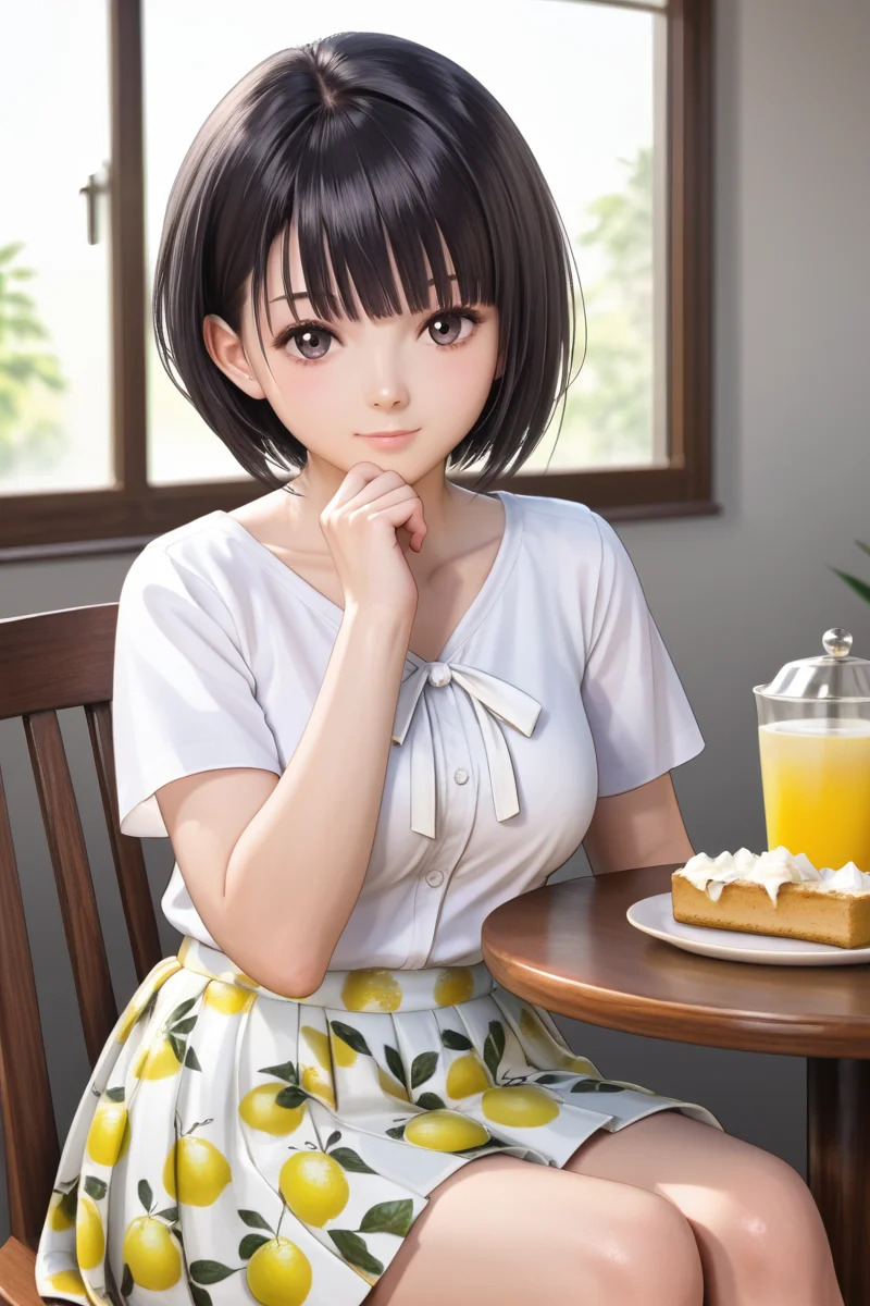 Shirai Hinako, lemon print skirt,casual outfit, 1girl, solo, looking at viewer, short hair, bangs, skirt, shirt, black hair, cafe background, closed mouth, sitting on the chair, table with sponge cake teapot and cup of tea, collarbone, crossing legs, white shirt, short sleeves, cowboy shot, medium pleated skirt, food, black eyes, gradient, gradient background, fruit, bob cut, white skirt, hand on own chin, lemon print skirt, <lora:Shirai_Hinako_Blue_Reflection_Pony:0.7> anime color, seductive smile, photorealistic, cleavge, large breast, dimly lit