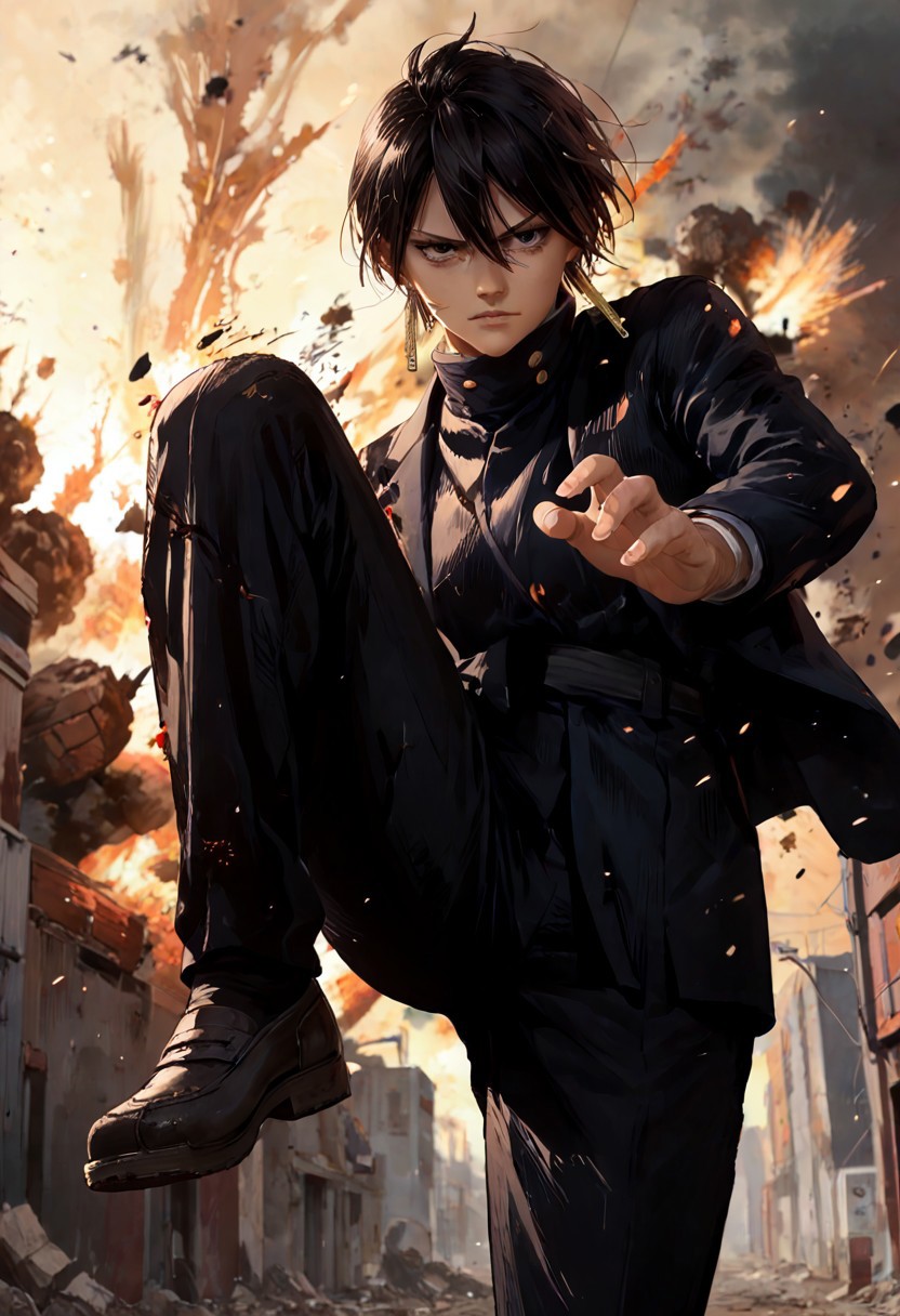 score_9, score_8_up, score_7_up, score_6_up,  colored manga style BREAK h1yuk1k4g4r1, black hair, short hair, hair between eyes, bangs, school uniform, gakuran, earrings, black pants, tomboy, stern, high kick, explosion, apocalyptic street, highly detailed, beautiful art, beautiful background, beautiful lighting