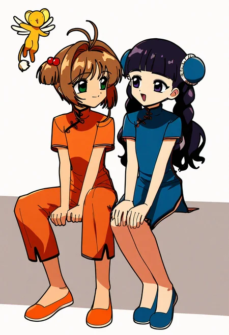2girls, daidouji tomoyo, kero \(cardcaptor sakura\), kinomoto sakura, cardcaptor sakura, nzeneee, antenna hair, black hair, blue dress, blue footwear, blunt bangs, braid, brown hair, bun cover, capri pants, china dress, chinese clothes, closed mouth, double bun, dress, full body, green eyes, hair bobbles, hair bun, hair intakes, hair ornament, hands on own knees, long hair, looking at another, medium hair, multiple girls, open mouth, orange footwear, orange pants, orange shirt, pants, purple eyes, shirt, short sleeves, sitting, smile, twin braids, two side up, (very awa, masterpiece, absurdres, highres)