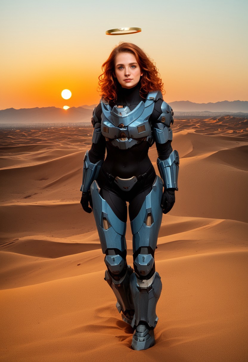 1girl, female, beautiful, natural, perfect, in her 20s, (((power armor))), MJOLNIR armor, (((Linda-058))), Halo Spartan, fragile face, ginger hair, curly hair, loose hair, green eyes, freckles, feminine, fit, big chest, BREAK telephoto, full body, standing gracefully, looking at viewer, sunset, big sun, warm light, contour light, (sand dunes), mountains on the horizon, clear sky, realistic, photorealistic, detailed, score_9, score_8_up, score_7_up