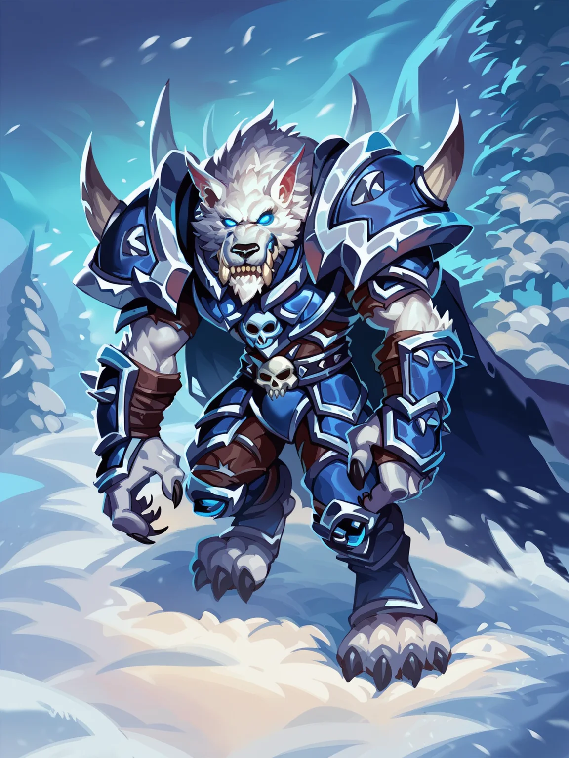 score_8_up, score_7_up, 1boy, werewolf death knight, glowing blue eyes, eye trail, white fur, heavy armor with spikes, belt, big shoulder pads with skull emblem, cape, winter, snow<lora:sx-hearthstone-civit-pdxl:0.8> hearthstone style, warcraft