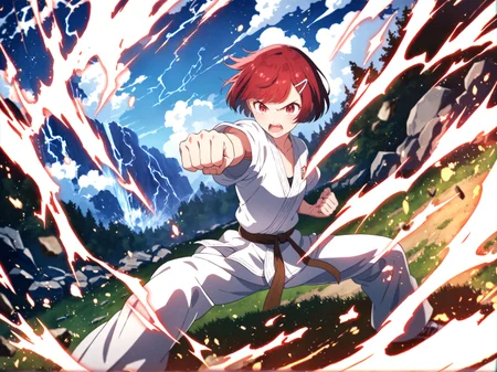 (masterpiece, best quality:1.2), amazing quality, very aesthetic, absurdres, perfect detail, anime screencap,
morning, forest, lake, waterfall, grass, fire storm, explosion,
standing, fighting stance, legs apart, incoming punch, yellow aura, lightning, clenched hands, serious, open mouth, motion blur,
jigita, red hair, short hair, hairclip, white dougi, brown sash, collarbone, short sleeves,
<lora:XL_Anima4_gomaotsu-digitalis-t1:0.9>