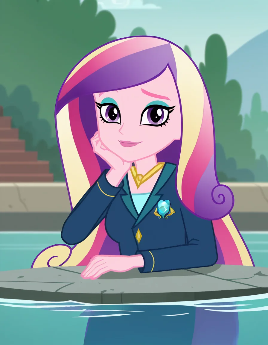score_9, score_8_up, score_7_up, source_anime, <lora:dean-cadance-movie-ponyxl-lora-nochekaiser:1>, cadance, long hair, very long hair, purple eyes, pink hair, purple hair, multicolored hair, two-tone hair, eyelashes, makeup, eyeshadow, skirt, formal, suit,, aqueduct, water, stone, arches, ancient, smile, <lora:the-pose-ponyxl-lora-nochekaiser:1>, the pose, on stomach, feet up, lying, soles, feet, legs up, head rest, barefoot, looking at viewer, solo,, dutch angle, cowboy shot