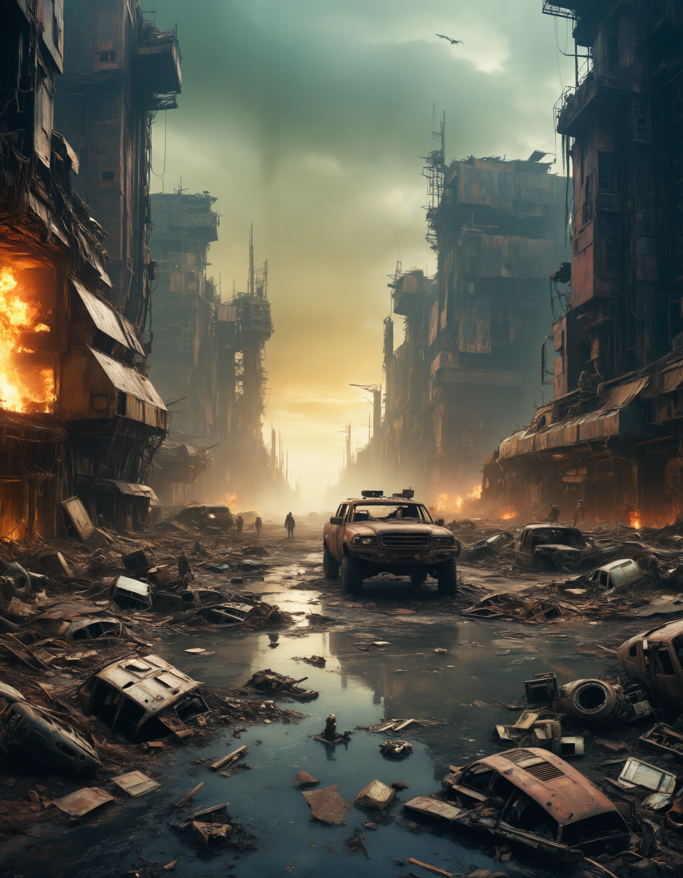 by Mikalojus Ciurlionis and Travis Louie, hyper realistic full view photo of  a (post-apocalyptic wasteland with remnants of advanced technology and survivors scavenging for resources:1.1),  (striking , mysterious , grotesque , massive , masterful:1.4), bold lines, hyper detailed, award winning, limited color palette, high contrast, depth of field, (intricate details, masterpiece, best quality:1.4)
dramatic cinematic lighting, film grain, looking at viewer, dynamic pose, wide angle panoramic view,
<lora:add-detail-xl:0.5> <lora:xl_more_art-full_v1:0.5> <lora:looking_at_viewer:2>