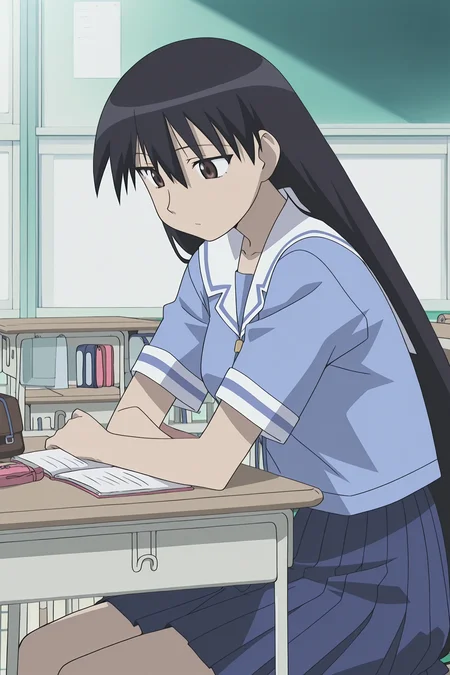 anime screencap, anime coloring, detailed face, masterpiece, best quality, very aesthetic, absurdres, volumetric lighting, official style, amazing quality, ultra detailed, highres, amazing quality, scenery, beautiful detailed hair, beautiful detailed eyes,
<lora:StS-Illustrious-Detail-Slider-v1.0:4>
 <lora:Sakaki_Azumanga_Daioh:1>
Sakaki blue uniform (outfit), Sakaki (character), 1girl, summer uniform, school uniform, solo, blue serafuku, desk, school desk, blue shirt, long hair, classroom, black hair, sitting, serafuku, pencil case, indoors