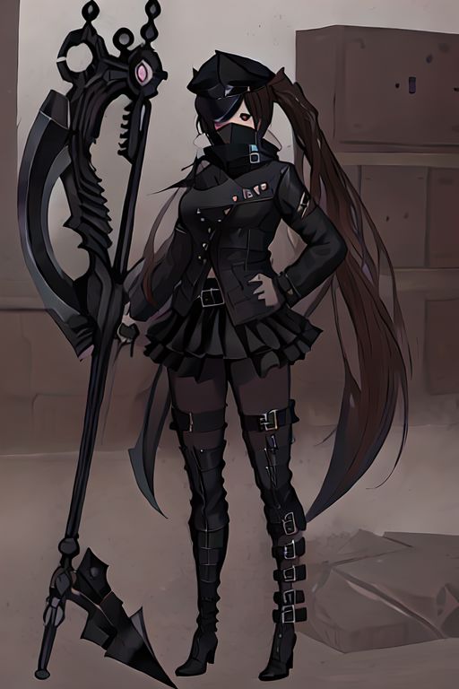Succubus is a female with a long hair and red eyes, black police hat, wearing black bandanna that cover her face, black button jacket and short skirt, black thigh high boots, black gloves, black stockings, holding scythe,