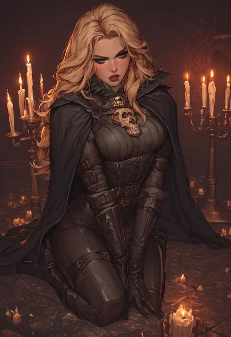 score_9, score_8_up, score_7_up, ((masterpiece, best quality, high quality)), source_game, 1girl, rogue trader, genderbend captain harlock, tight captain harlock style outfit, black feather collar, black cloak with red inner lining and golden skull on the shoulder, long luscious blonde hair, beautiful eyes, light green eyes, curvaceous, black thigh high boots, gothic background, warhammer space ship interior, warhammer candles on the floor, clutching a cutlass handle,