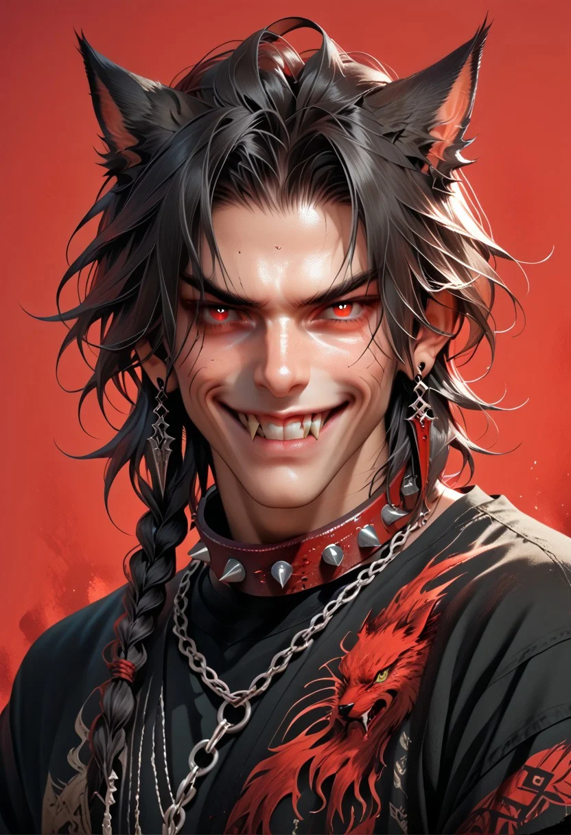 DskMiqo, 1boy, black hair, black shirt, braid, cat girl, cat ears, animal ears, animal ear fluff, chain, collar, earrings, fangs, holding, jewelry, long hair, looking at viewer, male focus, red background, red eyes, shirt, simple background, single braid, slit pupils, smile, solo, spiked collar, spikes, teeth, miqo'te, upper body, wolf ears, BREAK ,score_9, score_8_up, score_7_up, score_6_up, score_5_up, score_4_up,