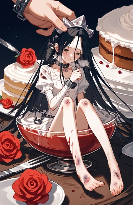 score_9,score_8_up,score_7_up,source_anime,rating_explicit,masterpiece,best quality,absurdres,very aesthetic,in cup,in container,miniperson,princess_hao,1boy,((miniperson)),<lora:princesshao_v1:1.2>,(((skinny))),black long hair,(((thin legs))),bruise,torn clothes,injury,blood,((bandages)),defeat,ryona,collar,shackles,heavy breathing,size difference,kneeling,sitting,rose,black hair,solo focus,<lora:spinCupXLPony:1>,minigirl,dining table,cake slice,fork and knife,