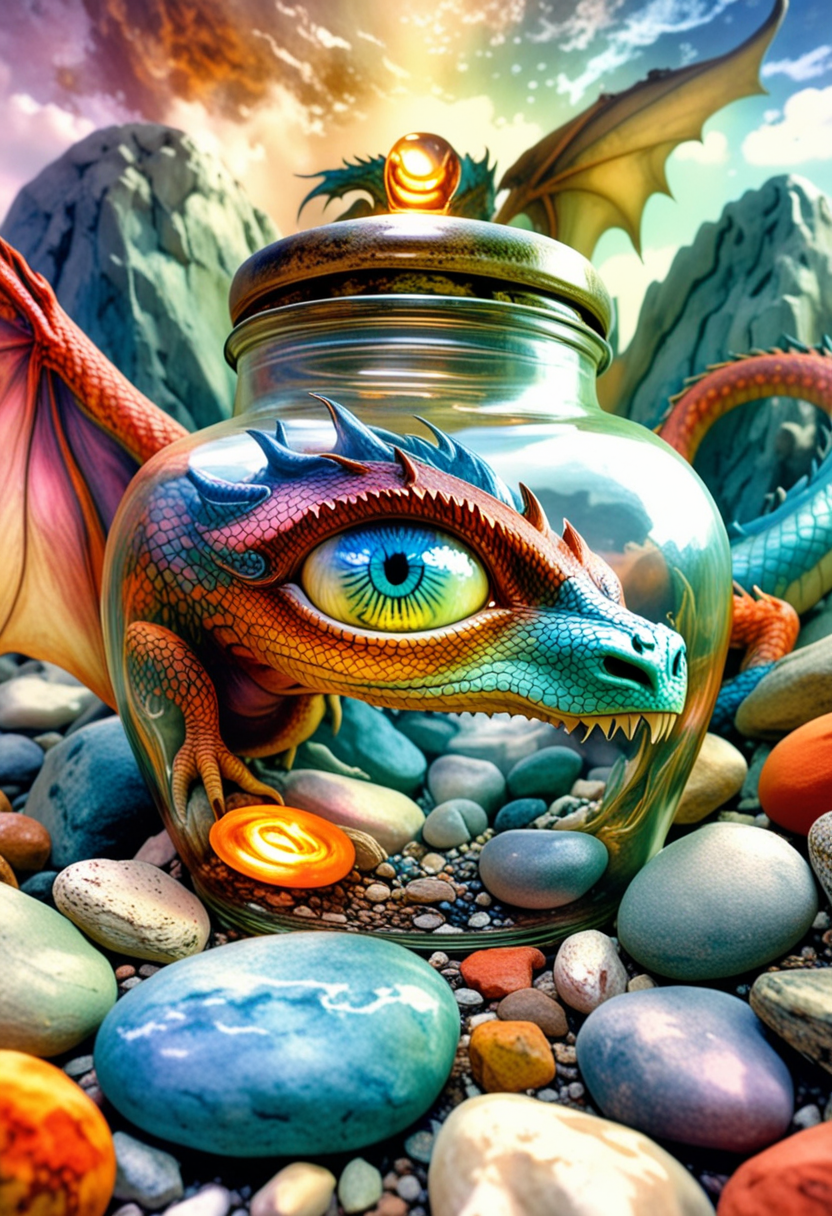 <lora:psychedelic_dream_sdxl_v1:1.0>, psychedelic_dream, a glass jar filled with rocks and a glowing orb in the middle of the jar is an image of a dragon ' s eye, Maintain identical subject placement, camera angle, framing, and perspective.
Using this elegant style, maintaining the same refined quality and soft color tones, cinematic lighting, award winning, Realistic, HDR