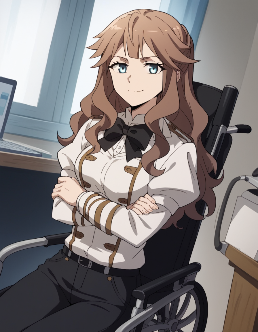 score_9, score_8_up, score_7_up, source_anime, <lora:fiore-forvedge-yggmillenia-apocrypha-s1-ponyxl-lora-nochekaiser:1>, fiore forvedge yggdmillennia, long hair, blue eyes, brown hair, sidelocks, medium breasts,, long sleeves, bow, pants, bowtie, uniform, black bow, chair, black pants, white jacket, wheelchair, home office, working from home, computer screen, coffee cup, focus, deadline, smile, crossed arms, smug, looking at viewer, solo,, dutch angle, cowboy shot