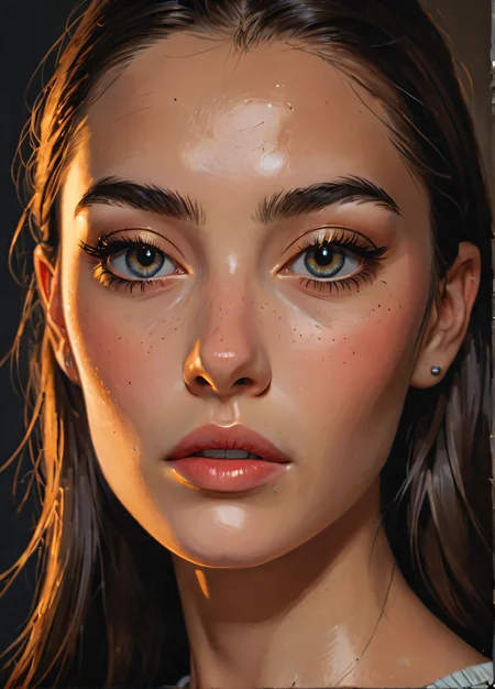 impactful paint of a young swedish woman, from the side, looking at viewer, serene satiated expression, natural rim lighting, vibrant colors, reflections in eyes, <lora:The_Pulp_Session:0.8>,