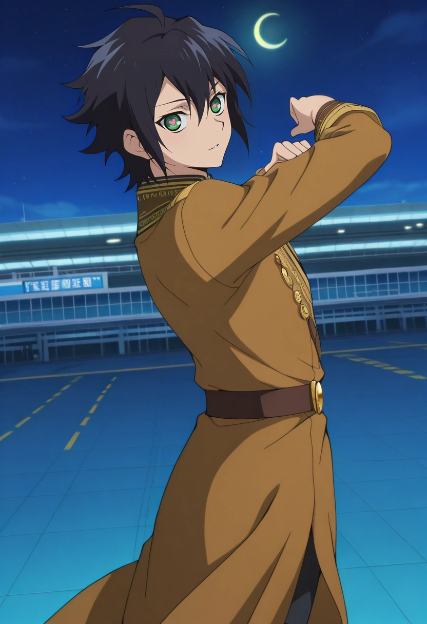 masterpiece, best quality, , anime screencap, anime coloring, official style, looking at viewer, 1boy, solo, male focus, <lora:yuuichirou_hyakuya_ilxl:0.98>, yuuichirou_hyakuya, black hair, green eyes, short hair, hair between eyes, ahoge, , asymmetrical, airport, night, crescent moon, dancing, heart eyes, viking costume