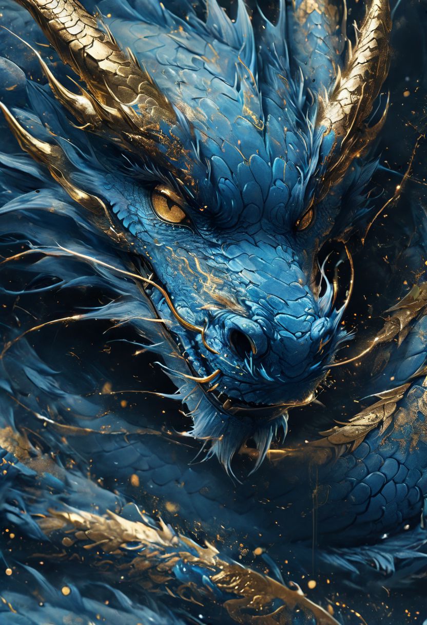minimalism style, WLOP art style, The face of a Dragon, closeup,   eye light, neon blue and gold dragon, cinematic footage,  fantasy, intricate details, 8k post production, dark gold tone blue