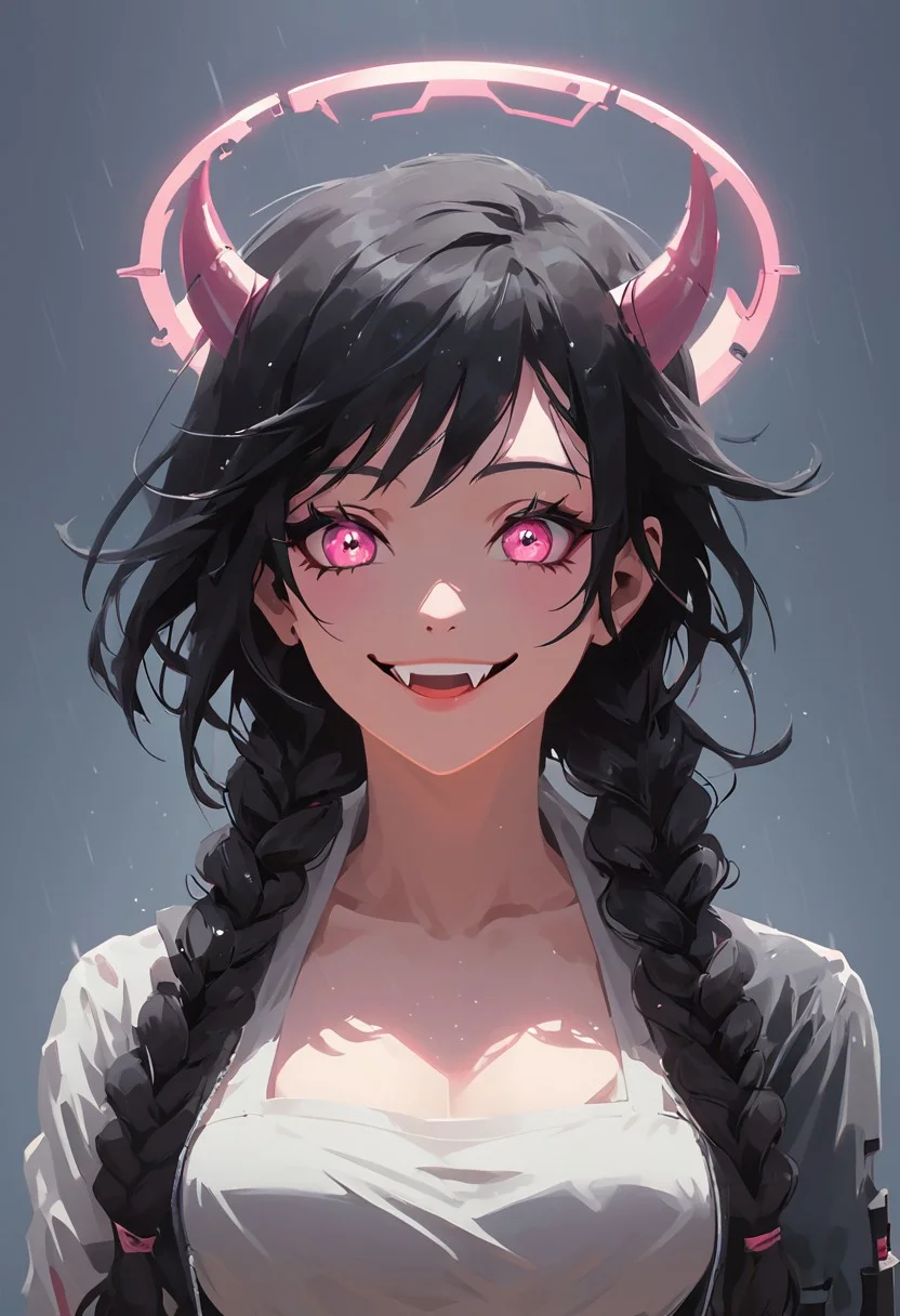 score_9, score_8_up, score_8, female, cel-shading, backlit, big eyes, cute eyes, delicate features, short hair, (braided hair), black hair, portrait, nsfw, smug, seductive eyes, horns, hologram halo, 0xYung, techwear, cyborg, cybernoir, heavy rain, rainrops, (((dark))), sexy, sensual glare, pink eyes, black sclera, big chest, lineless, flar color, toothy smile, fangs,