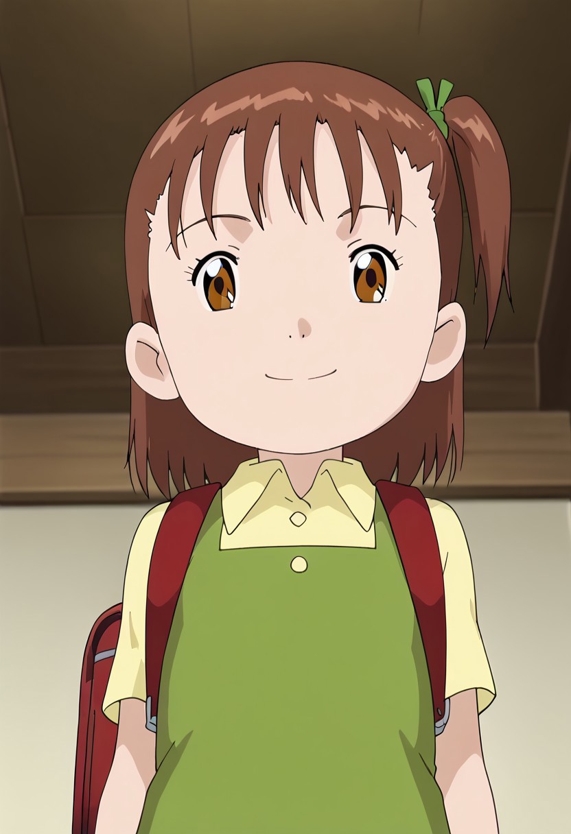 score_9, score_8_up, score_7_up, source_anime, anime screencap, masterpiece, best quality,
(1girl), jerikatou, ((solo, alone)), short petite, small body, flat chest, brown hair, side ponytail, brown eyes, green dress, smile, closed mouth, looking at viewer,
BREAK
(yellow collared shirt, red backpack, upper body) 
BREAK
(standing), indoor, bedroom, (from below, ceiling), during the day.